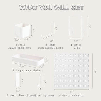 Pegboard Wall Mounted Organizer Storage Set, Includes 4 White Pegboards and 20 Hanging Accessories, 23" x 23" Plastic PegBoard Panels Combination Kit for Home, Office, Garage Tool Storage & Craft Room