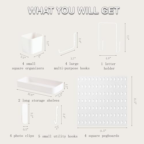 Pegboard Wall Mounted Organizer Storage Set, Includes 4 White Pegboards and 20 Hanging Accessories, 23" x 23" Plastic PegBoard Panels Combination Kit for Home, Office, Garage Tool Storage & Craft Room