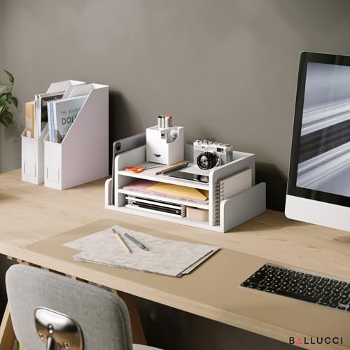 Ballucci 3-Tier Desk Organizer with 2 Side Mail Sorter Slots, Wood Letter Tray, Open Top Paper Organizer, Desktop File Organizer, White - color: White