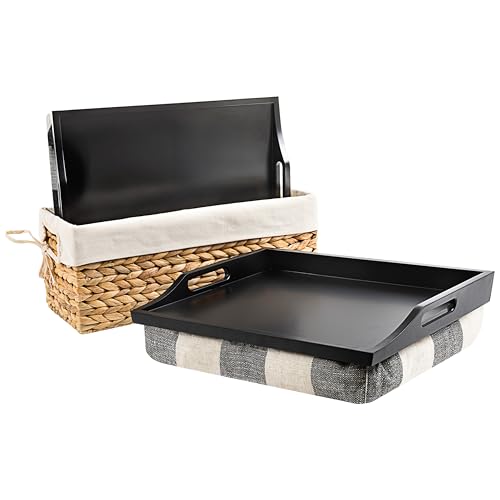 ROSSIE HOME Wood Bed Tray Lap Desk - Set of Two - with Hyacinth Storage Basket - Buffalo Check - Fits up to 15.6 Inch Laptops - Style No. 70108 - color: Buffalo Check, size: 2-Pack with Basket