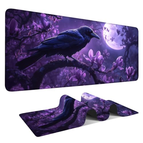 Purple Raven Extended Gaming Mouse Pad 35.4 x 15.7 Inch, Moonlit Floral Crow Large Desk Mat, Gothic Desk Pad with Non Slip Rubber Base for Gaming Setup and Office Desk - color: #50-90, size: 35.4 x 15.7 Inch