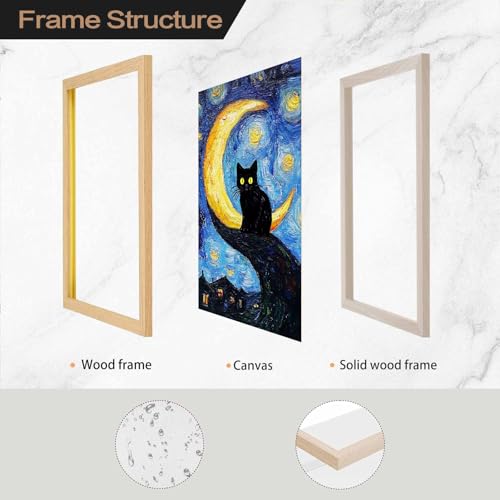 Funny Black Cat Wall Art Trendy Tree and Moon Oil Paintings Animal Poster Abstract Cat Floral Prints Posters Wall Decor Aesthetic for Farmhouse Gallery Bedroom 8x12inch Wood color frame - color: Antique cat - Wood color PVC frame, size: 8"L x 12"W