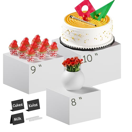 3 PCS 10" 9" 8" White Buffet Risers with Mini Sign and Makers, Large Food Risers for Buffet Table, Display Shelf Stands for Party, Catering, Dessert, Jewelry Collectibles, Nesting Cube Boxes with Hollow Bottoms Set
