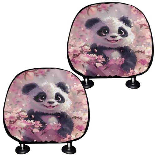 Pink Cute Panda Car Seat Headrest Covers Set Women Soft Elastic Head Rest Protector for Cars Fit Most Vehicle Truck SUV Sedans,Auto Interior Accessories - color: Cute Panda