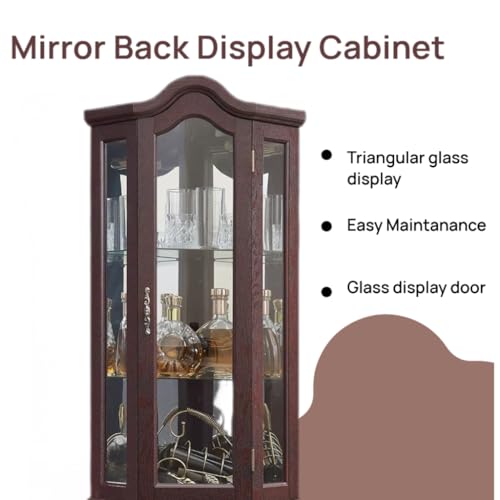 70" Lighted Corner Curio Cabinet,Inside Mirror Corner Glass Display Case with Tempered Glass Door for Living Room, Antique Collectibles, Wine & Bar Glass Storage, Lights Included - color: Dark Cherry, size: Style-D