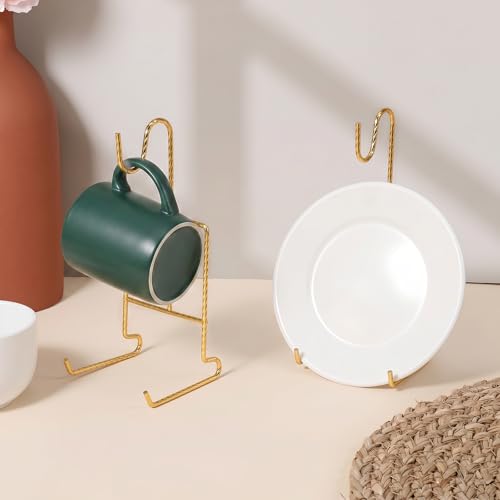 2 Pcs Tea Cup and Saucer Display Holder Spiral Style Metal Saucer Organizer Plate Coffee Mug Hanger Stand Tray Easel Holder Storage Rack for Afternoon Tea Party (Gold)