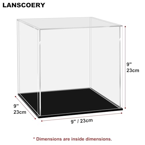 LANSCOERY Acrylic Display Case, 9 x 9 x 9 in Clear Display Box with 2mm Panels, Black Base for Building Block Models and Figurines - color: Black, size: 9x9x9inch; 23x23x23cm