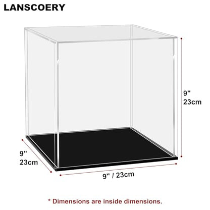 LANSCOERY Acrylic Display Case, 9 x 9 x 9 in Clear Display Box with 2mm Panels, Black Base for Building Block Models and Figurines - color: Black, size: 9x9x9inch; 23x23x23cm
