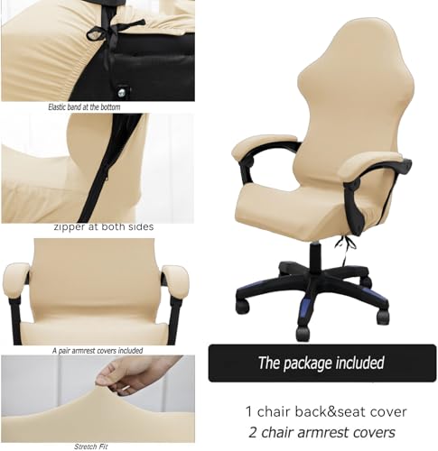 Gaming Chair Cover Set with Armrest Covers, Stretch Ruffled Slipcover for Racing Office Computer Reclining Chairs (Beige) - color: Beige