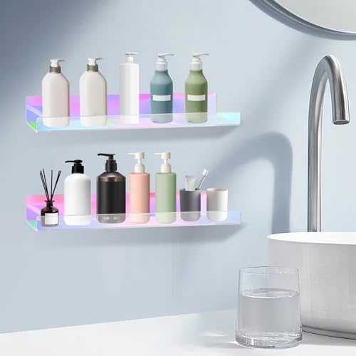 Dezzer 6 Pack Acrylic Shelves for Wall, 15" Acrylic Floating Shelves for Bathroom Bedroom, Invisible Bookshelf Wall Ledge Storage Shelf Books Perfume Toys Action Figure Display Shelves, Iridescent - style: 15 inch 6-pack Rainbow
