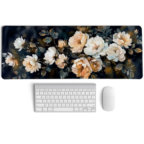 Dark Aesthetic Watercolor Floral Mouse Pad,XL Large Vintage Rose Desk Mat,Spring Summer Botanical Mouse Pad,Rustic Botanical Flower Desk Mat for Home Office Dorm Desktop Decor,31.5x11.8 Inch - color: Floral Rose XL