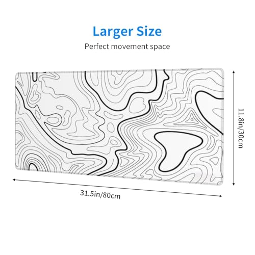 White Topographic Contour Extended Big Mouse Pad Large,Gaming Mouse Pad Desk Pad,31.5x11.8x0.12 Inch Long Computer Keyboard Mouse Mat Mousepad Non-Slip Base and Stitched Edge for Gaming and Office - color: White Topographic Contour, size: 31.5Lx11.8W inch