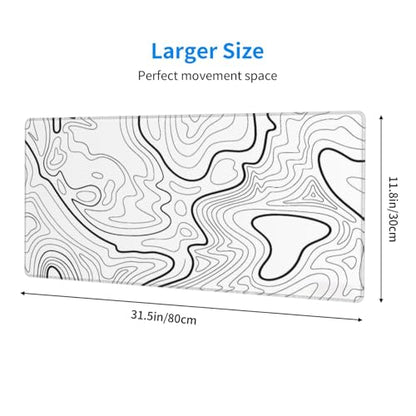 White Topographic Contour Extended Big Mouse Pad Large,Gaming Mouse Pad Desk Pad,31.5x11.8x0.12 Inch Long Computer Keyboard Mouse Mat Mousepad Non-Slip Base and Stitched Edge for Gaming and Office - color: White Topographic Contour, size: 31.5Lx11.8W inch