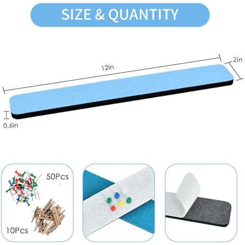 Vuzvuv 8 pcs Bulletin Board Bar Strips with 50 Pushpins & 10 Wooden Clip pins，Self Adhesive Cork Board for Wall，Felt Pin Board for School，Office Decor(Blue White Grey) - color: Blue Grey