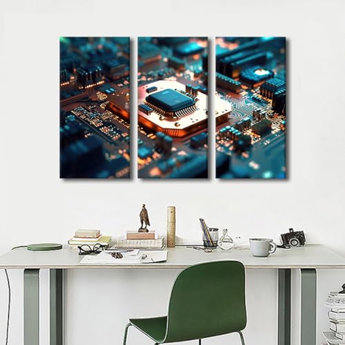 Computer Chip Wall Art for Living Room 3 Panels Circuit Board Posters & Prints Wall Art Smart Chip Wall Decor for Bedroom Canvas Paintings Art Prints Stretched Framed Ready to Hang (36"Wx24"H) - color: Artwork-07, size: 36"Wx24"H