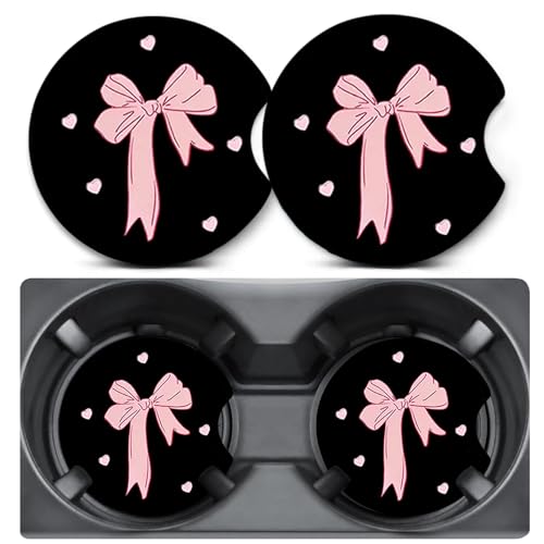 2 Pack Pink Bow Car Coasters for Cup Holders,Neoprene Anti Slip Mat | 2.75" Universal Size,Auto Rubber Drink Coasters Decor Car Accessories Interior Pink Bow Gifts for Women Men - color: Pink Bow