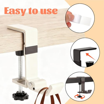 Desk Bag Hook - Bag Hanger for Table with Adjustable Arm Clamp - Aluminum Under Desk Handbag Hanger - Clamp Hook for Purse, Bag, Headphone,Fold/Black,2 pcs (White)
