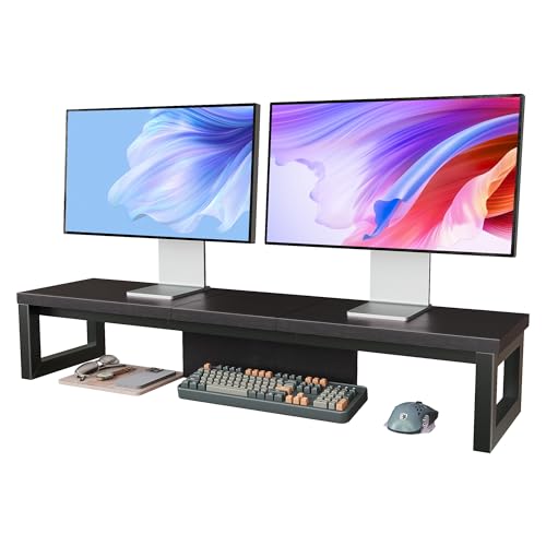 Dual Monitor Stand Riser, Wood and Steel Monitor Stand for Desk, Multi-Purpose Desk Shelf Organizer for Computer, Laptop, Printer, TV, Black - color: Black