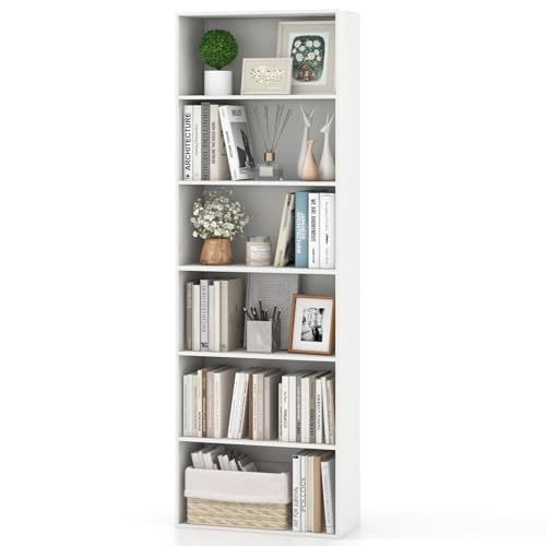 Giantex 6-Tier Bookcase, 70" Tall Wooden Bookshelf, Freestanding Storage Organizer w/Open Shelves, Anti-Tipping Kits, Modern Floor Standing Display Shelves for Living Room, Bedroom (1,White) - color: White, size: 23.5" x 9.5" x 70"