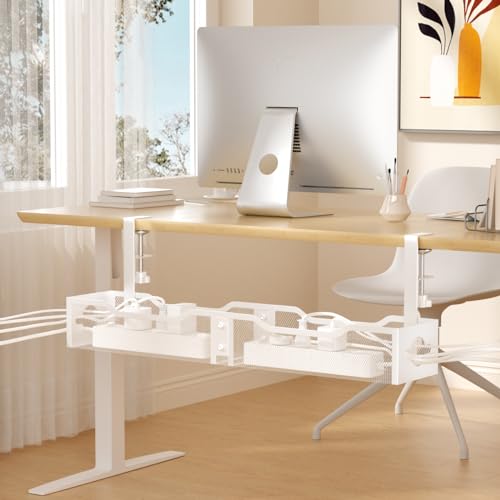 Under Desk Cable Management Tray 25.12", Extra Large Cable Management No Drill, Extended Cord Organizer with Adjustable Clamps, White