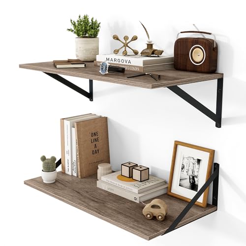 Heimlove Deep Floating Shelves for Wall, 24W x 12D Rustic Grey Wood Wall Shelves Set of 2, Large Floating Shelf for Living Room, Kitchen, Office, Bedroom and Decor Storage, with Metal Bracket - Grey - color: Grey With Black Metal Bracket, size: 24wx12dx5.