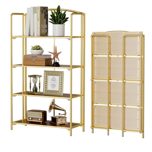 Crofy 4-Tier Wider Foldable Bookshelf, Gold Frame & Walnut Shelves | No-Assembly Collapsible Portable Storage Organizer; Sturdy Walnut Finish Shelves; Ideal for Living Room & Home Office - color: Gold Frame & Walnut Shelf, size: 4 Tier Wider