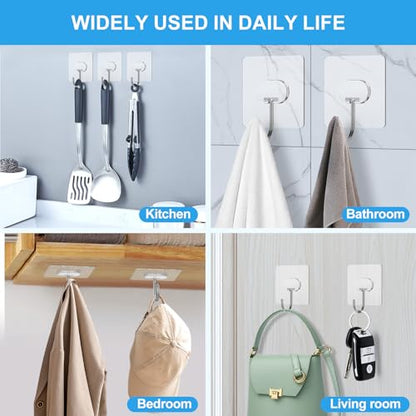 JINSHUNFA Adhesive Wall Hooks 13LB Heavy Duty No Drill Large Transparent Waterproof Hooks for Bathroom Kitchen Towel Coat 8 Pack - color: Clear, size: Large 8 Pcs