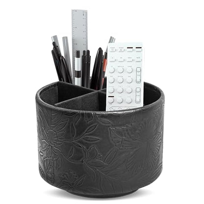 Round Leather Art Supply Organizer,Remote Control Holder,360 Degree Spinning,Multi-Functional Pencil Holder,4 Compartments Desktop Stationary Organizer(1-Carved Black) - color: 1-Carved Black