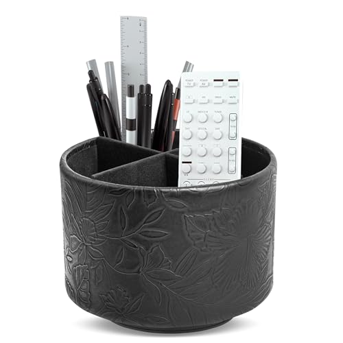 Round Leather Art Supply Organizer,Remote Control Holder,360 Degree Spinning,Multi-Functional Pencil Holder,4 Compartments Desktop Stationary Organizer(1-Carved Black) - color: 1-Carved Black