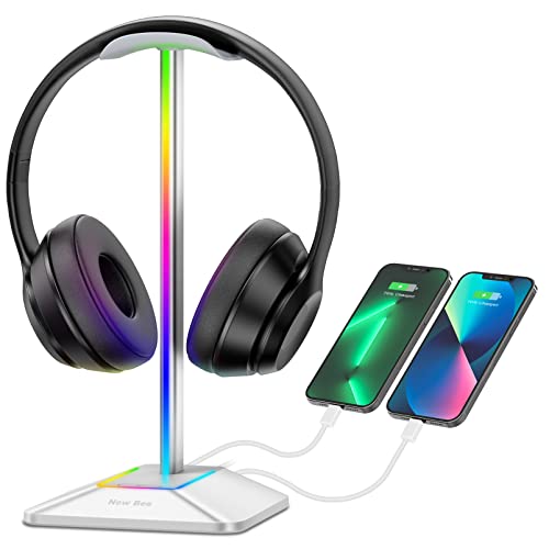 New Bee RGB Headphone Stand with 1 USB-C Charging Port and 1 USB Charging Port, Desk Gaming Headset Stand with 7 Light Modes and Non-Slip Rubber Base Suitable for All Earphone Accessories (Silver) - color: Silver
