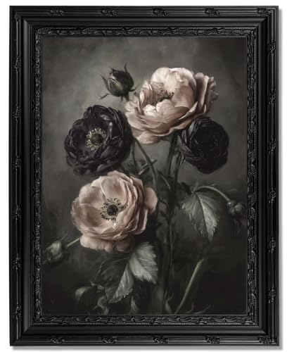 Dark Floral Gothic Wall Art Framed, Vintage Black Poppy Flower Canvas Print with Ornate Carved Frame, Dark Academia Aesthetic Wall Decor for Bedroom Living Room Halloween - color: Black Poppy Flower, size: 24"L x 16"W