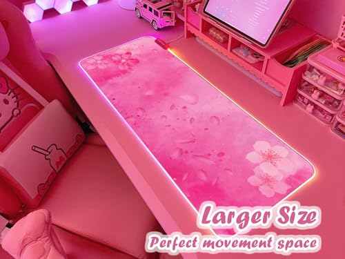 JMIYAV RGB Cherry Blossom Gaming Mouse Pad Pink 31.5x12 Inch PC XL Large Extended Glowing Led Light Up Desk Pad Non-Slip Rubber Base Computer Keyboard and Mouse Pad Cute Mousepad - color: P-pink Flowers