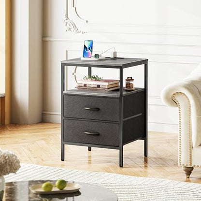 Huuger Night Stand with Charger Station, 27.7 Inch Tall Nightstand, Bed Side Table with 2 Fabric Drawers, Fabric Drawer Dresser for Bedroom, Living Room, Grey - color: Charcoal Gray and Black, size: 11.8"d X 17.7"w X 27.7"h (2 Drawers)