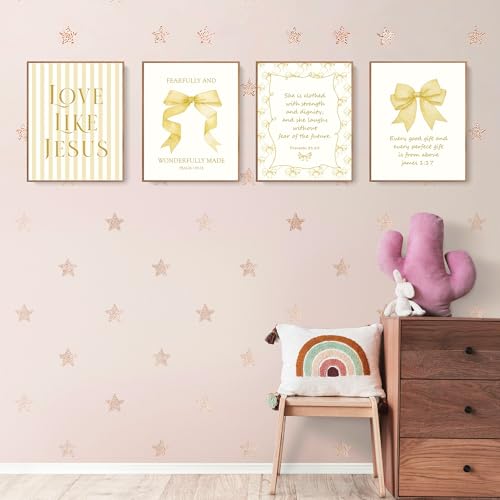 LARTSFRO Coquette Yellow Bow Jesus Wall Art Decor Posters, Butter Yellow Bow Christian Room Bedroom Bathroom Dorm Wall Art Decor Aesthetic for College Teen Girls Gifts, Inspirational Bible Verses Bow Wall Decor, 10x8 Inch Set of 4 Bow Pictures(UNFRAMED) -