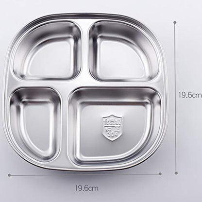 Set of 2 Stainless Steel Dinner Plates 4 Sections Divided Platter Dinner Tray - Lightweight Metal Plate for Adults and Campers, Portion Control Bariatric Weight Loss and Diabetic Diet Plates - size: F4C (4 Sections)