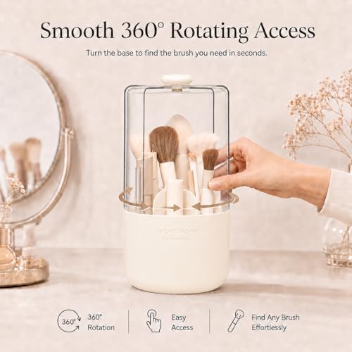 EACHY Makeup Brush Holder with Lid, Rotating Makeup Brush Organizer, Beige | Dustproof Lid, 7 Compartments, Waterproof Plastic, Vanity Makeup Organizer for Brushes - color: Beige