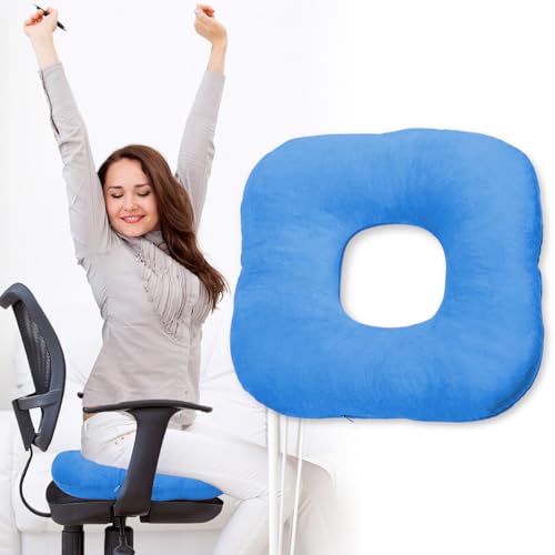 Stuffed Donut Pillow Seat Cushion | for Tailbone and Coccyx Pain, Hemorrhoids, Bed Sores, Pregnancy, Prostate, Surgery Recovery, Sitting Pressure Relief, for Home, Office and Car (Blue) - color: Blue