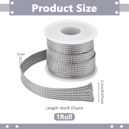UNICRAFTALE 304 Stainless Steel Expandable Braided Cable Sleeve Knitting Scalable Network Ribbon Flat Cable Sleeve Cord Protector Wire Loom Tubing for Protect Cables 4m/roll - size: 4m x 12mm