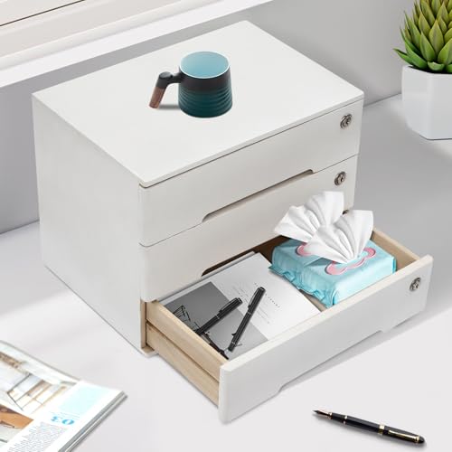Wooden Desk Organizer with Drawers & Lock, Desktop Countertop Storage Cabinet Lockable Home Office Supplies File Tabletop Organizing Unit (3 Drawers - Modern White) - style: 3 Drawers - Modern White