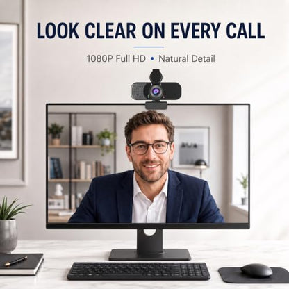 1080P Webcam with Microphone and Physical Privacy Cover, Noise Cancelling USB Web Camera, Auto Light Correction, Plug and Play, Wide Angle PC Camera for Zoom, Online Class, Laptop/Desktop - style: mirror plate-1080p
