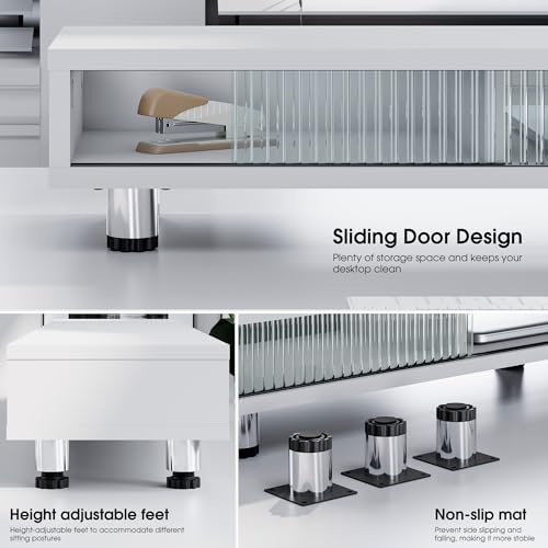 Fenge Dual Monitor Stand, 42.5inch Long Monitor Stands Riser for 2 Monitors, Glass Sliding Door with Storage Organizer Stand for Desk, 2 Tier Desk Shelf for Laptop, Pc, Printer, Computer, TV - color: White