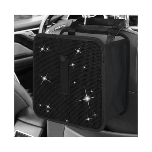 Car Foldable Trash Can, Bling Rhinestone Oxford Garbage Container Hanging Waterproof Organizer, Mini Crystal Dustbin Waste Basket Leakproof Trash Bin for Car Office Kitchen (Black) - color: Black