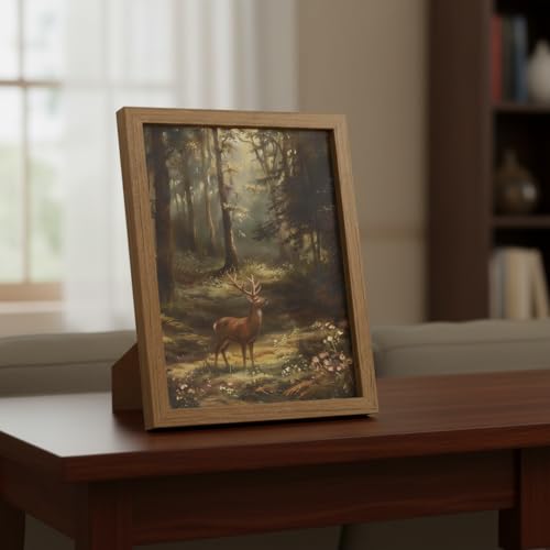Forest Deer Wall Art Framed, Woodland Nature Animal Painting Print, Rustic Wildlife Wall Decor for Living Room Bedroom Cabin, Ready to Hang Wood Frame, 12x16 Inch - color: senlinlu, size: 16"L x 12"W
