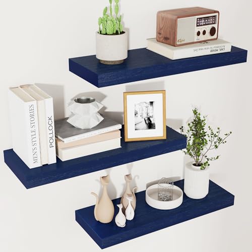 fuqing Blue Floating Shelves for Wall - Wood Wall Shelves Set of 3 - Dark Blue Shelves for Room Decor & Storage in Bedroom Living Room Bathroom Kitchen - color: Dark Blue, size: 17 Inch