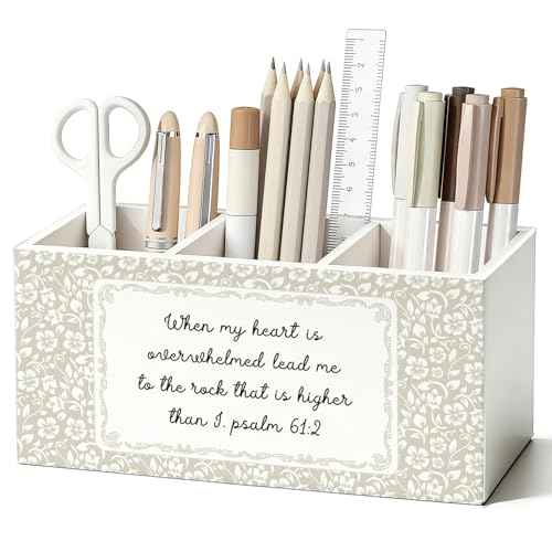 Christian Flower Pen Pencil Holder for Desk, Christian Gifts for Women, Religious Bible Verse Floral Wooden Box Sign Decorations for Home Bedroom Office Desk Tabletop - color: 01-Christian Flower(white)