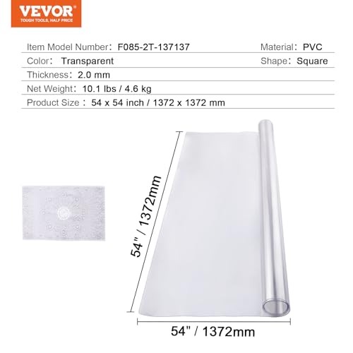 VEVOR Plastic Table Cover, 54 x 54 Inch 2.0 mm, Clear Square PVC Desk Mat Protector, Waterproof & Easy Cleaning Pad Tablecloth, for Office, Dresser, Dining Room, Night Stand - size: 54" x 54" (Square)