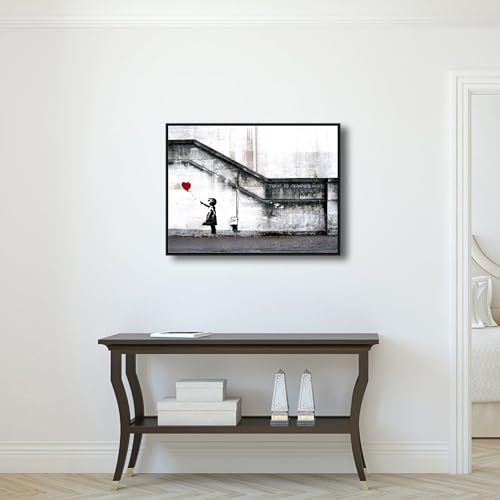 Wieco Art Framed Canvas Wall Art Giclee Canvas Prints of Banksy Grafitti Girl with Red Balloon Abstract Artwork for Wall Decor Home Decorations Black Frame - size: 32"L x 24"W