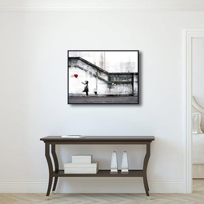 Wieco Art Framed Canvas Wall Art Giclee Canvas Prints of Banksy Grafitti Girl with Red Balloon Abstract Artwork for Wall Decor Home Decorations Black Frame - size: 32"L x 24"W