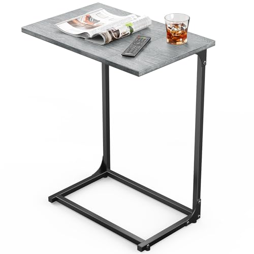 Pipishell C-Shaped Side Table, C Table for Sofa with Two-Piece Desktop & Metal Frame, Large Surface End Table for Living Room, Bedroom, Bedside, Rustic Design, Grey - color: Grey
