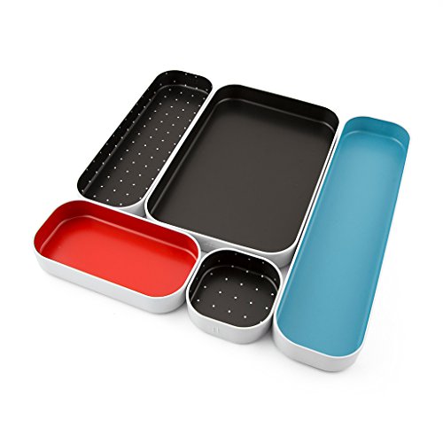 Three by Three Seattle 5 Piece Metal Organizer Tray Set for Storing Makeup, Stationery, Utensils, and More in Office Desk, Kitchen and Bathroom Drawers (1 Inch, Blue Black Red and Dots) - color: Blue, Black, Red, Dots, size: 5 Piece